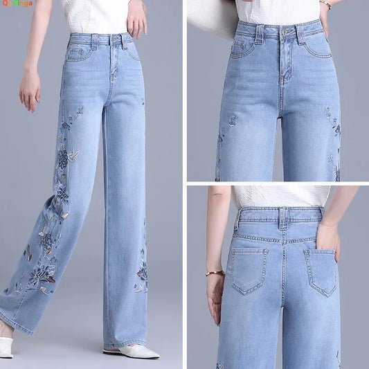 Light Blue Chinese Style Embroidery Wide Leg Jeans for Women with High Waist To Show Thin and Smooth, Soft Silk Material Jeans