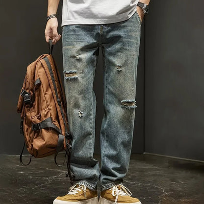 Korean Version Ripped Jeans Men'S Autumn New Retro Casual Pants High Street Loose Straight Leg Pants