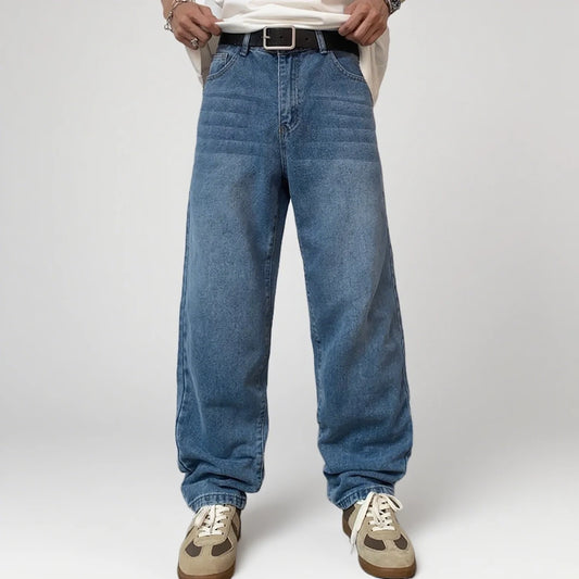 Men's Retro Blue Straight Fit Loose Jeans Classic High Street Straight Leg Versatile Washed Jeans Men Casual New Fashion Pants