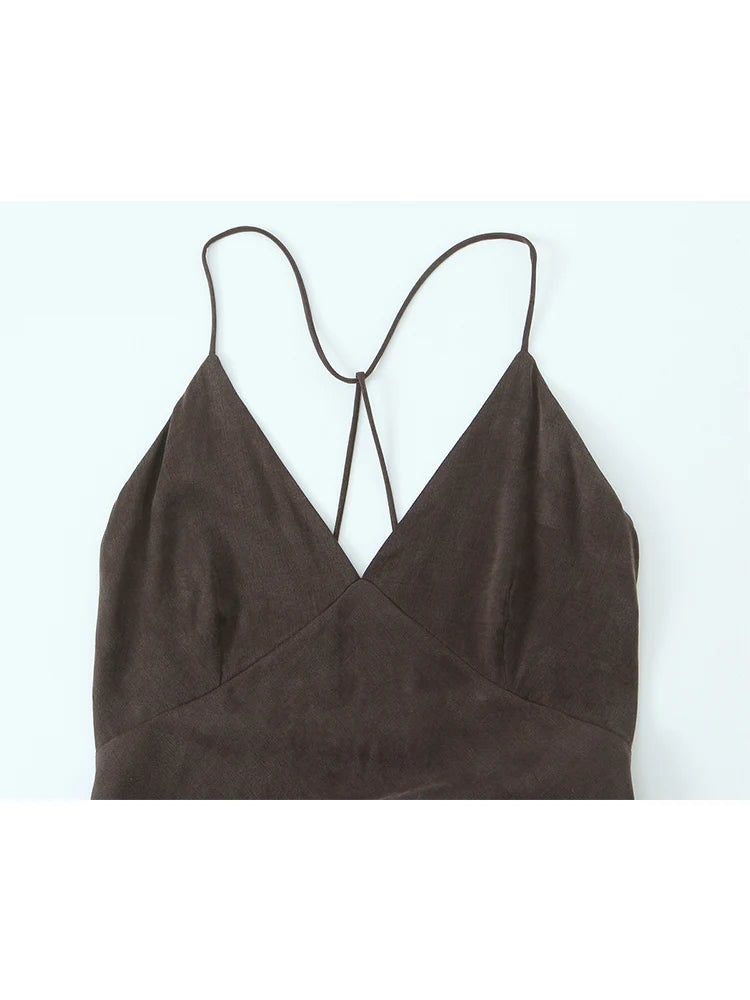 TFMLN Summer New Ladies Elegant Midi Sling Dress Sleeveless Solid Backless Slim V-Neck Dresses 2025 Beach Party Sexy Dress