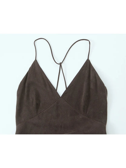 TFMLN Summer New Ladies Elegant Midi Sling Dress Sleeveless Solid Backless Slim V-Neck Dresses 2025 Beach Party Sexy Dress