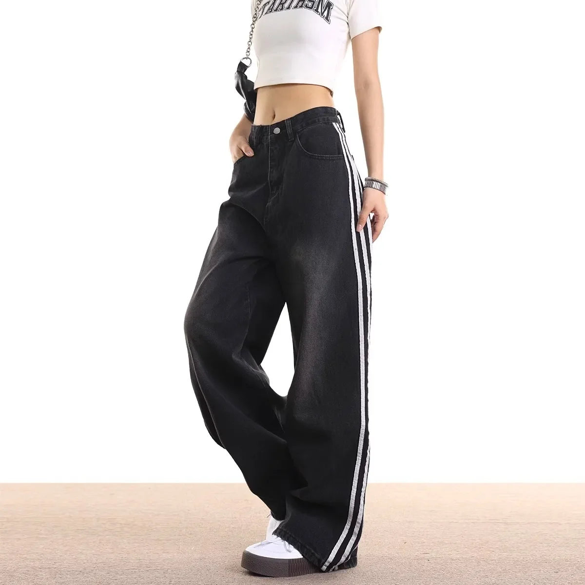 Vintage Striped Jeans Women's Loose-Fit American Style Spring Autumn New Straight-Leg Long Pants Trendy Brand Casual Wear