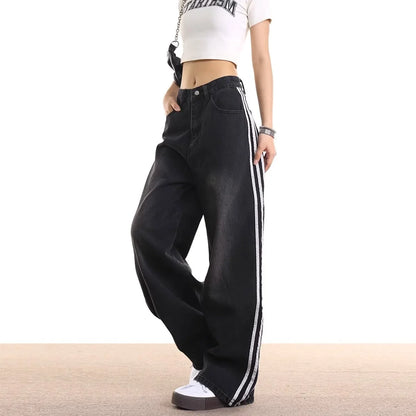 Vintage Striped Jeans Women's Loose-Fit American Style Spring Autumn New Straight-Leg Long Pants Trendy Brand Casual Wear