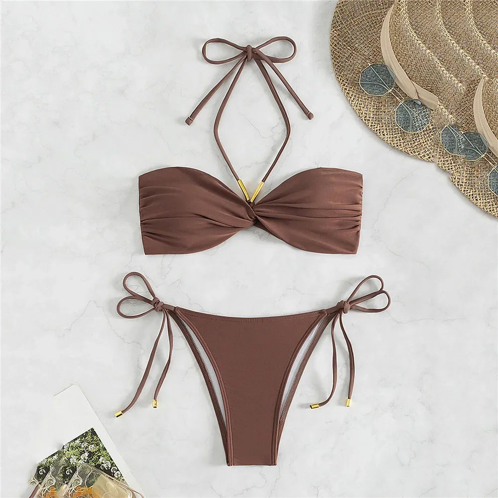 Brown Swimwear String Halter Bandeau Bikinis Sets Micro Thong Sexy Swimsuit Women Back Knotted Bathing Suit Bikini Mujer 2025