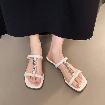 2025 new female slippers flat fashion wear net  beach matching color sandals flip-flops flat heels