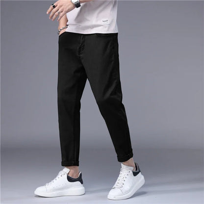 Summer Thin Men's Jeans Korean Style Blue Black Solid Color Stretch Straight Stylish Slim Fit Foot Denim Cropped Pants Male