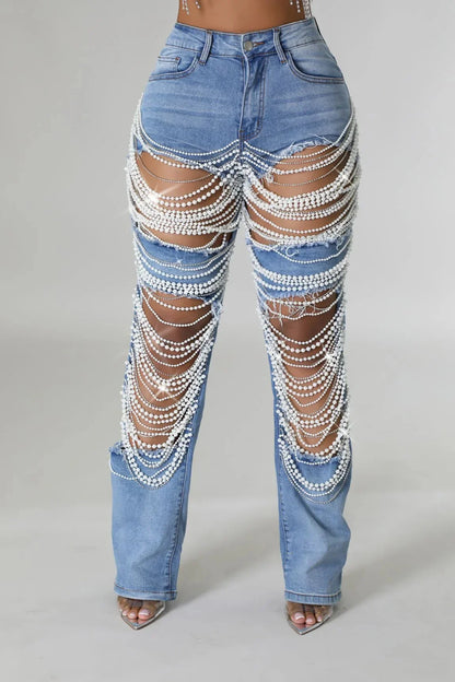 Spice Girl Summer Pants Ripped Heavy Industry Beaded Elastic Trousers  Fashion Personality Jeans