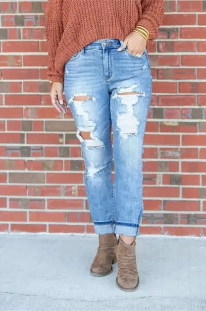 2025 New Fashionable Washed Ripped Nine-inch Jeans, Women's Spring and Summer Personality Street Mid-waisted Small-leg Jeans