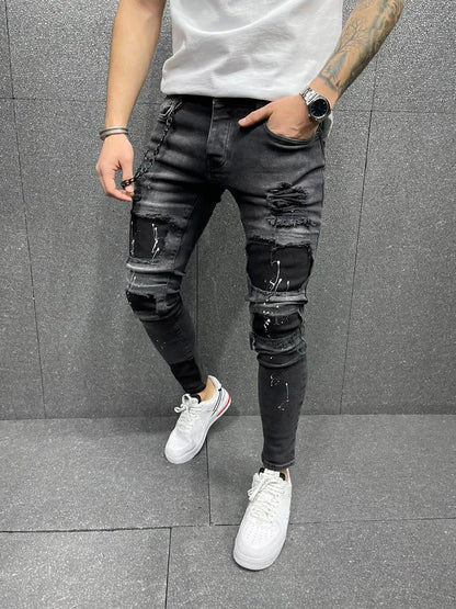 Black 90% Cotton Men Retro Wash Distressed Stretch Ripped Jeans Tight Hole PATCH Denim Pantalones Printing Zipper Joggers