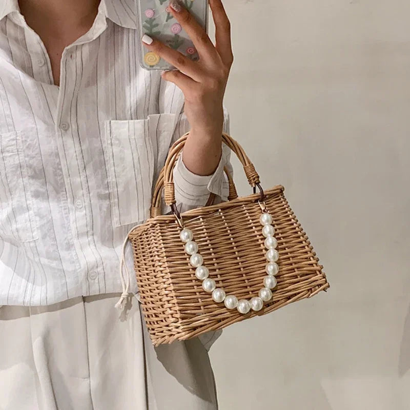 Straw Bags for Women Square Handbags Summer Rattan Shoulder Bags Handmade Knitted Storge Small Totes Bag 2025 New Fashion women