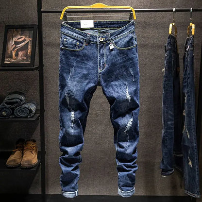 American High Street Men's Jeans Trendy Ripped Worn-out Hole Punch Elastic Straight Cut Slim Fit Streetwear Pant for All Seasons