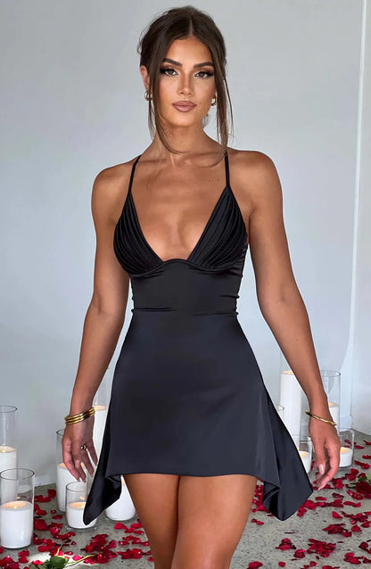 Summer Women's Sexy V-Neck Backless Halter Mini Dress Solid Color Cross-Border Fashion 2025 Hot Sale
