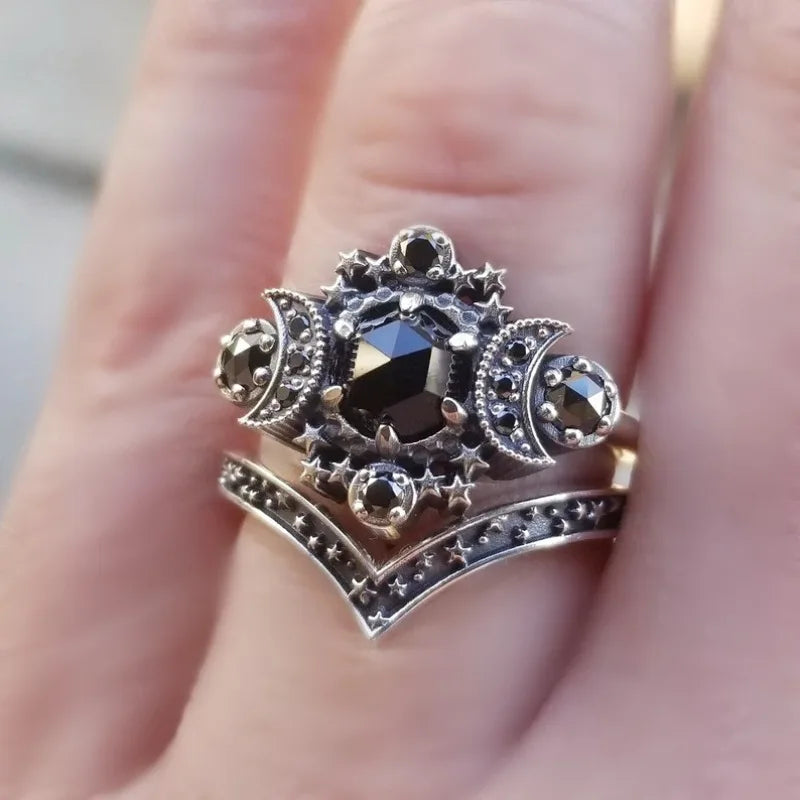New Gothic Universe Moon Ring Set for Women Vintage Creative Pentagram Black Party Vacation Jewelry Best Halloween Gifts