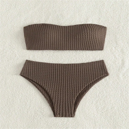 Sexy Bandeau Bikini Drawstring Backless Swimsuit Strapless Vacation Swimwears Women Trend Embossed Set Bathing Suit Beach Outfit