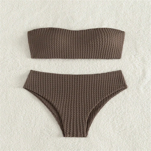 Sexy Bandeau Bikini Drawstring Backless Swimsuit Strapless Vacation Swimwears Women Trend Embossed Set Bathing Suit Beach Outfit