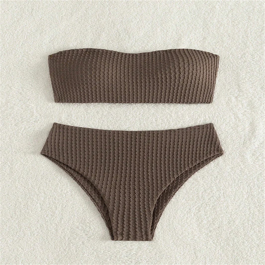 Sexy Bandeau Bikini Drawstring Backless Swimsuit Strapless Vacation Swimwears Women Trend Embossed Set Bathing Suit Beach Outfit