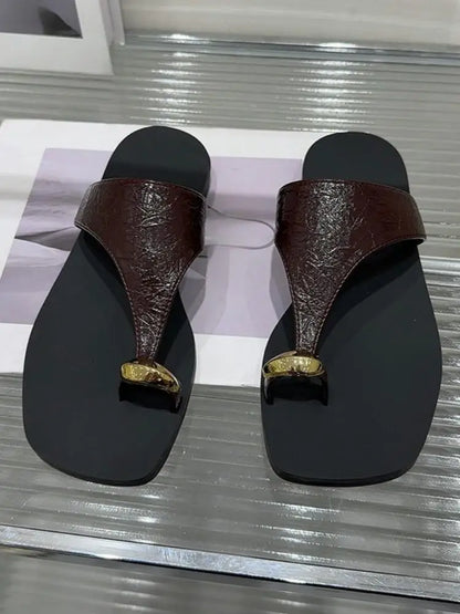 Summer Wearing Outside Clipped Toe Slippers Leisure Women Korean Style Versatile Solid Color Cow Split Leather Flip Flops