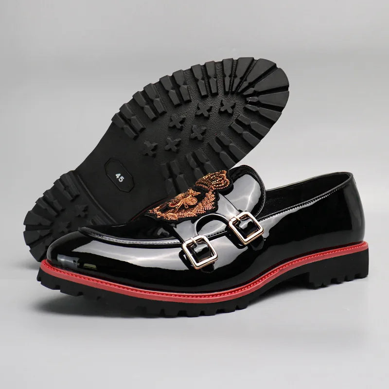 Men's Casual Leather Shoes Fashion Embroidery Men British Style Monk Shoes Mens Slip-on Outdoor Flats
