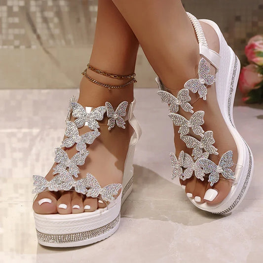 Rhinestone Butterfly Decor Chunky Platform Sandals Women Fashion Slip On Wedges Sandles Woman Lightweight Elastic Band Sandals