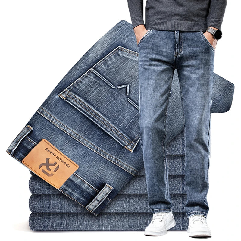 Autumn Men's Business Straight Fit Jeans Vintage Blue Smoke Gray Stretch Trousers Soft Comfortable Fabric Denim Pants Male