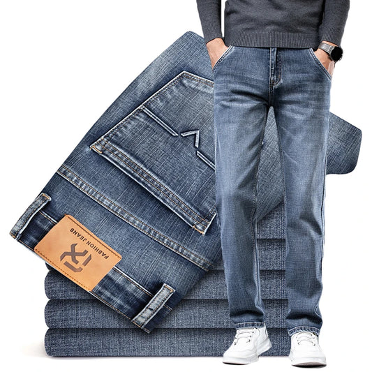 Autumn Men's Business Straight Fit Jeans Vintage Blue Smoke Gray Stretch Trousers Soft Comfortable Fabric Denim Pants Male