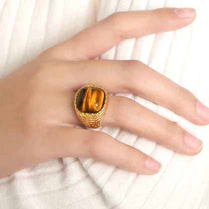 Vintage Knited Design Stainless Steel Rings For Women Pink Square Natural Stone Couple Finger Ring Waterproof Jewelry Gift