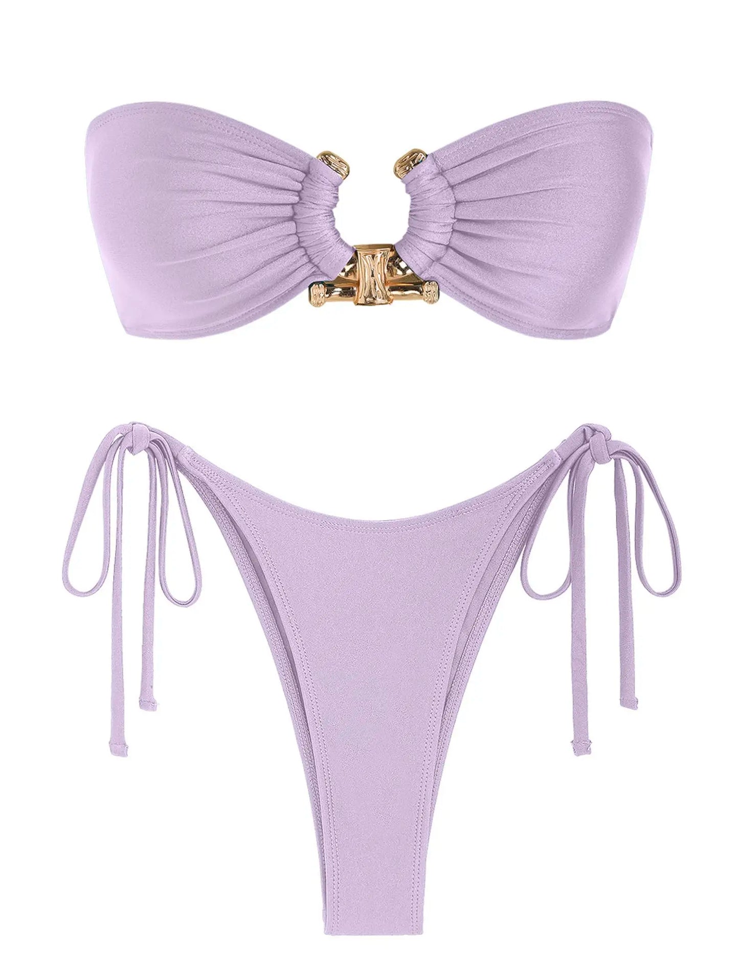 Solid O Ring  New Swimsuit For Women Tie Side Shiny Metal Hardware Ring Bandeau Bikini Swimwear Padded Bra Top Low Waisted