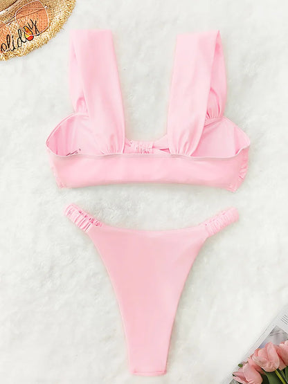 Fashion Sexy Vacation Bikini 2 Piece Set Women Solid Split Swimsuit High Waist Beach Bikini 2025 New Summer Swimwea Bikinis Set