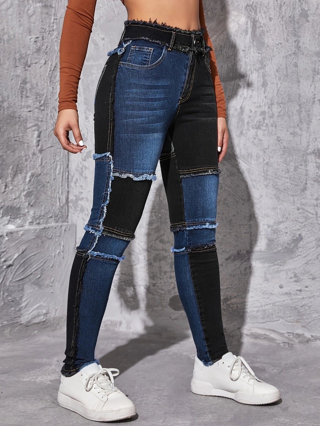 Women's jeans trendy two-color stitching Denim trousers