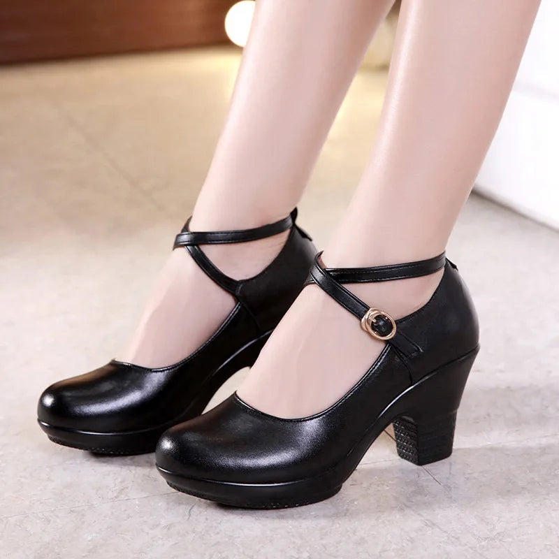 7cm Small Size 32-43 Gladiator Pumps Women Genuine Leather Shoes 2025 Med Block Heels Platform Shoes for Office Model Dance Mom