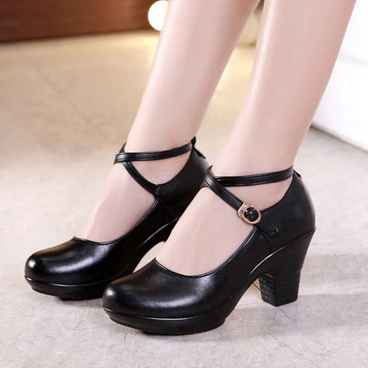 7cm Small Size 32-43 Gladiator Pumps Women Genuine Leather Shoes 2025 Med Block Heels Platform Shoes for Office Model Dance Mom
