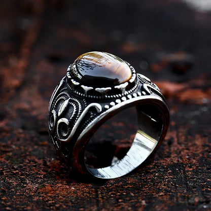 Vintage Stainless Steel Oval Brown Stone Ring For Men Punk Rock Fashion Carved Rings Natural Stone Jewelry Gift Dropshipping