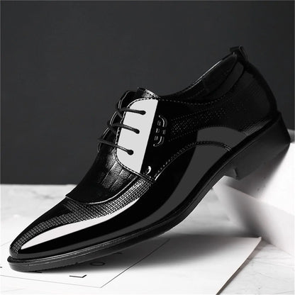 Mens Dress Shoes Formal Business Oxford Block Patent Leather Lace-up Comfortable Pointed Shoes For Men