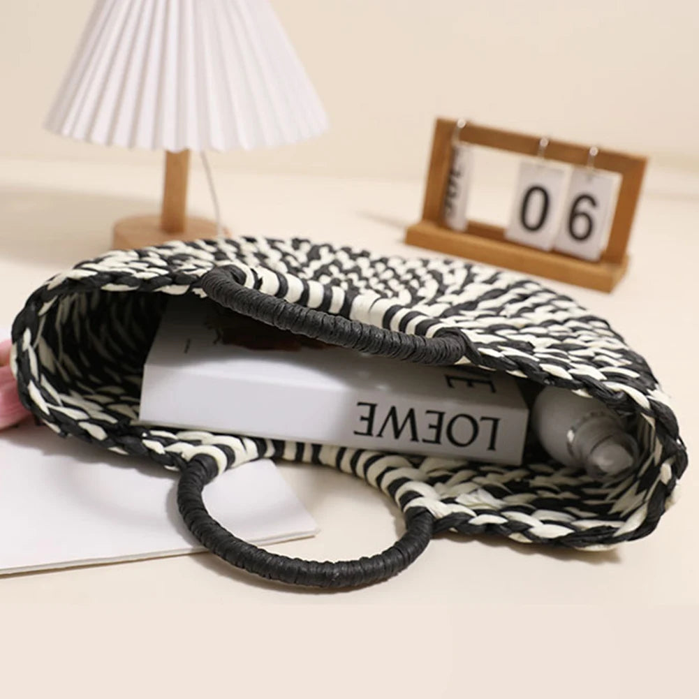 Women Straw Tote Handbag Large Capacity Half-Round Handbag Color Clash Semicircle Weaving Bag Summer Beach Handbag