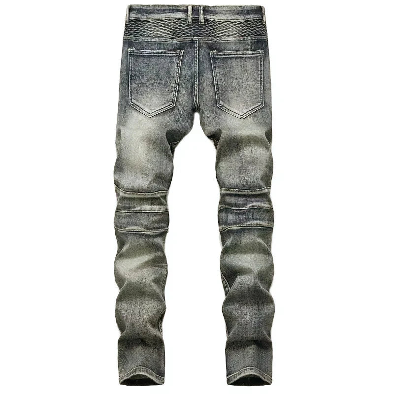 New Men's Casual Motorcycle Jeans Stretch Straight Fashion Male Hip Hop Street Riding Slim Pants Patchwork Denim Trousers
