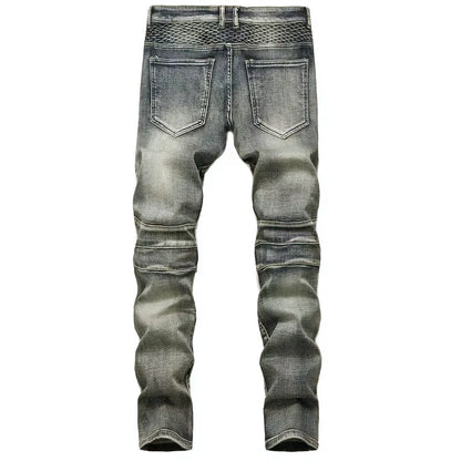 New Men's Casual Motorcycle Jeans Stretch Straight Fashion Male Hip Hop Street Riding Slim Pants Patchwork Denim Trousers