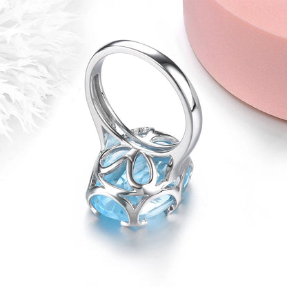 Natural Sky Blue Topaz Solid Sterling Silver Rings 15.8 Carats Faced Cut Precious Gemstones Classic Gorgerous Fine Jewelrys