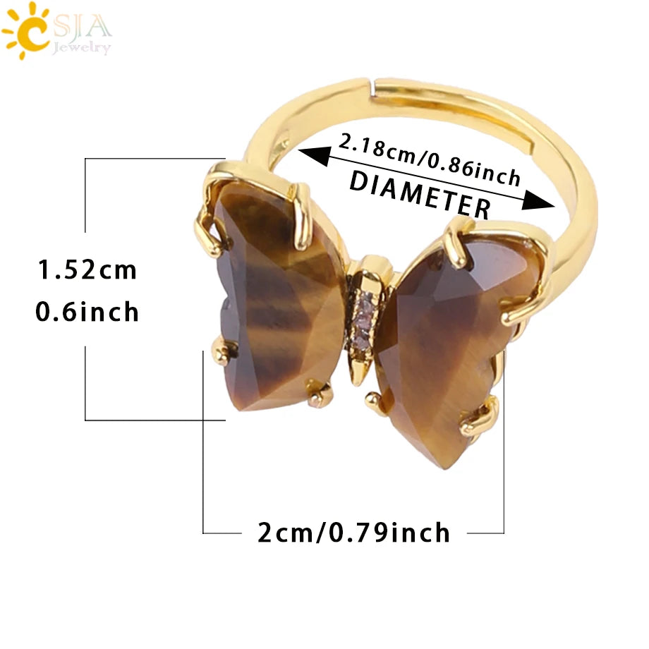 Gold Color Crystal Ring Natural Gemstone Butterfly Rings for Women Amethysts Lapis Lazui Pink Quartz Adjustable Engagement  H125