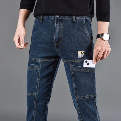 2025 New Style Jeans Men's Slim Fit Korean Style Comfortable Straight Leg Elastic Gray Mid Waist Pants Men's Casual Denim Pants