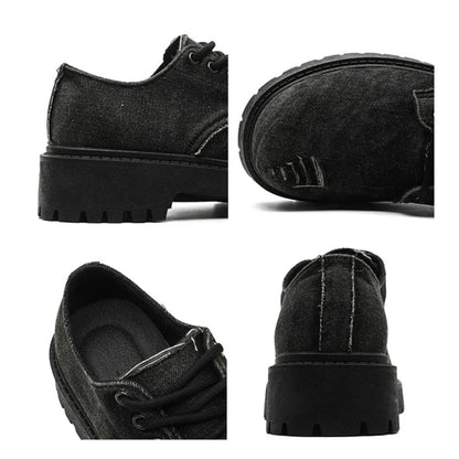 Men's Distressed Denim Derby Shoes Chunky Grunge Platform Boots Avant-Garde Bulky Toe Niche Streetwear Footwear for Trendy Youth