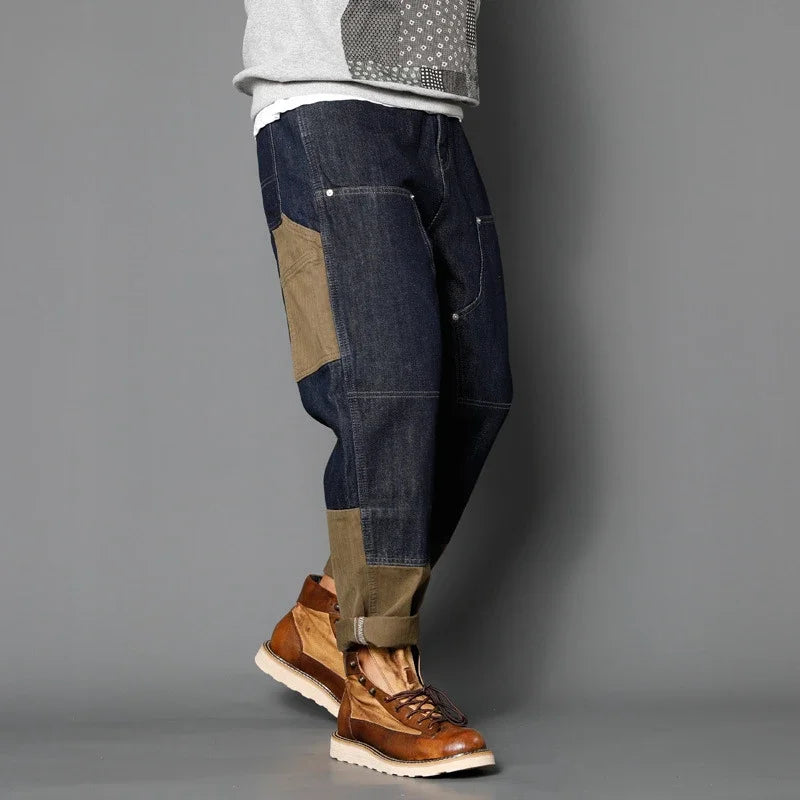 Four Seasons New Men's American Straight Jeans Pants Loose Casual Trendy Multi Pocket Spliced Denim Trousers Male Streetwear