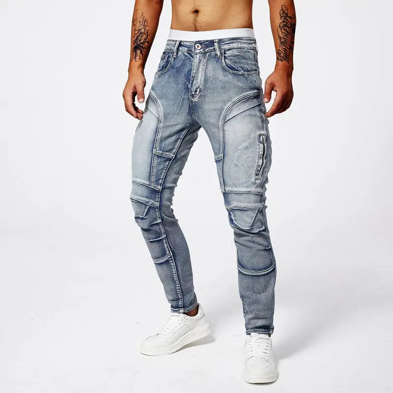 Two tone distressed patchwork jeans for men trendy jeans for summer thin straight leg pants slim fit small leg distressed jeans