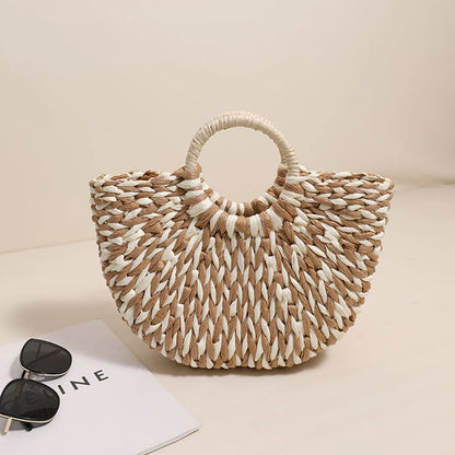 Women Straw Tote Handbag Large Capacity Half-Round Handbag Color Clash Semicircle Weaving Bag Summer Beach Handbag
