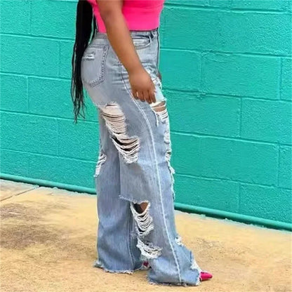 Fashion Front Back Large Holes Straight Jeans Female Casual High Waist Denim Pants Women Sexy Trend Streetwear Loose Trousers 24
