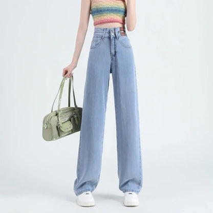Lyocell Jeans Summer Thin High Waisted Wide Pants Korean Stretch Women Jeans Fashion Street Straight Denim Trousers Baggy Jeans