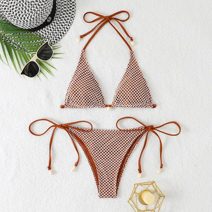 Grid Bikini Set for Women Solid Color 2 Piece Swimsuit Sexy Halter Lace-up Backless Thong Beach Vacation Swimwear 2025 New