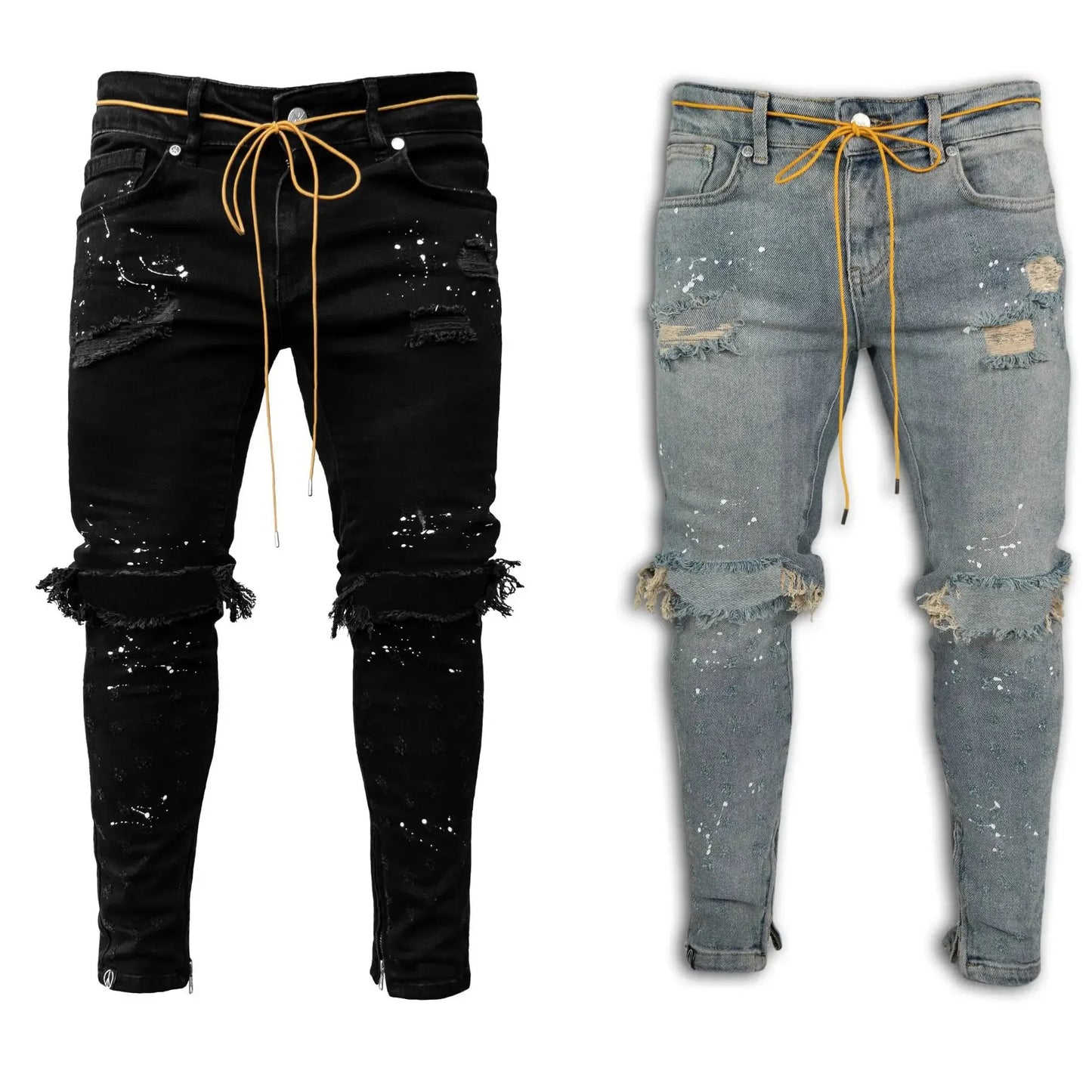 Men Long Jeans Pants Denim Pencil Pant Hole Splice Simple Slim Fit Zipper Lace Up Tight Waist Straight Trousers Autumn