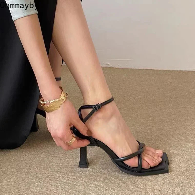 2025 Summer Narrow Band Heel Sandals Women Thick Heel 7 CM Ankle Strap Fashion Square Toe Ladies Dress Sandalias Women's shoes