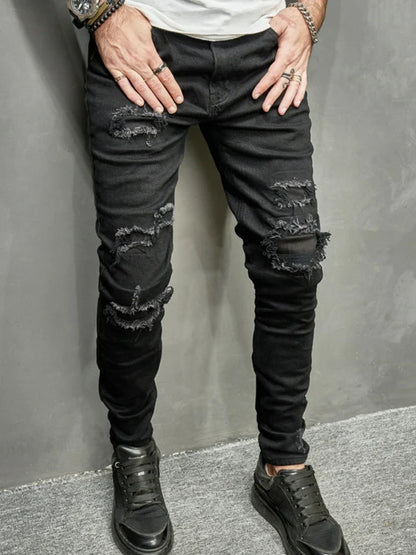 Men Long Pant Denim Pants Jeans Straight Trousers Sheath Slim Fit Pockets Casual Regular High Waist Splice Autumn Winter