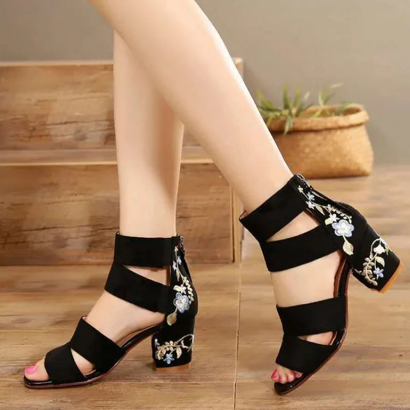 Ethnic Style Embroidered Mid-heel Sandals,  Summer Casual Thick Heels Elegant Vintage Open-toed Embroidered Shoes, Women's Shoes